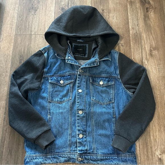 Zara Men's Denim Jacket, Sweatshirt Hood/Sleeves, Mixed Media, Jean, Trendy, XL - Picture 1 of 14